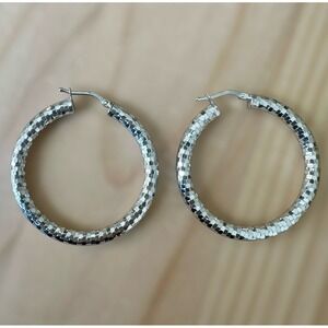 VTG MI Media Imports Hoop Earrings 1.5 Inch Textured Italy 925 Sterling‎ 5.3g
